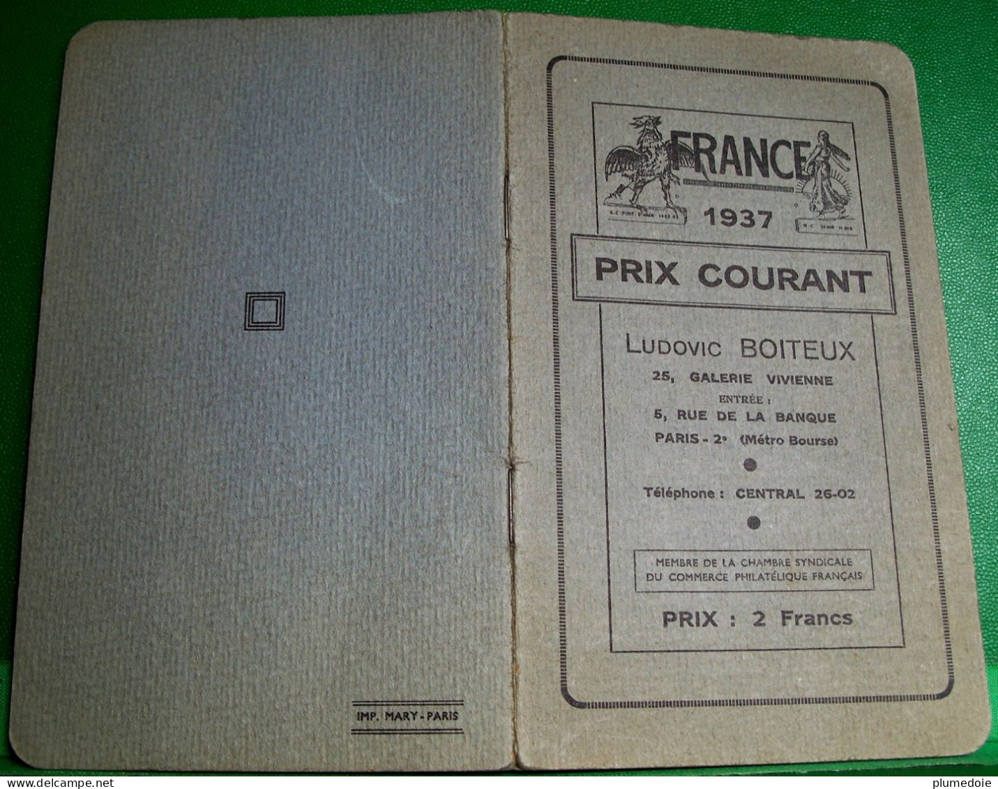 PHILATELIE CATALOGUE FRANCE . PRIX COURANT 1937 .LUDOVIC BOITEUX  PARIS GALERIE VIVIENNE . OPUSCULE  VENTE DE TIMBRES