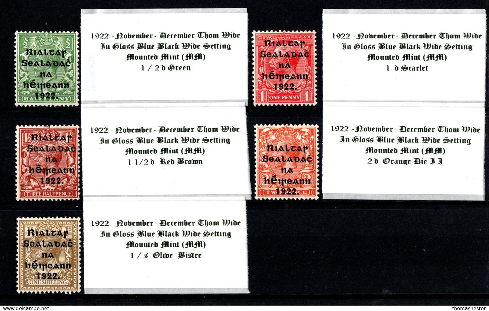 1922 Nov - Dec Thom Wide Shiny Blue Black Wide Setting SET OF 5, 1/2 D , 1 D , 1 1/2 D , 2 D & 1 / S. Mounted Mint (MM) - Unused Stamps