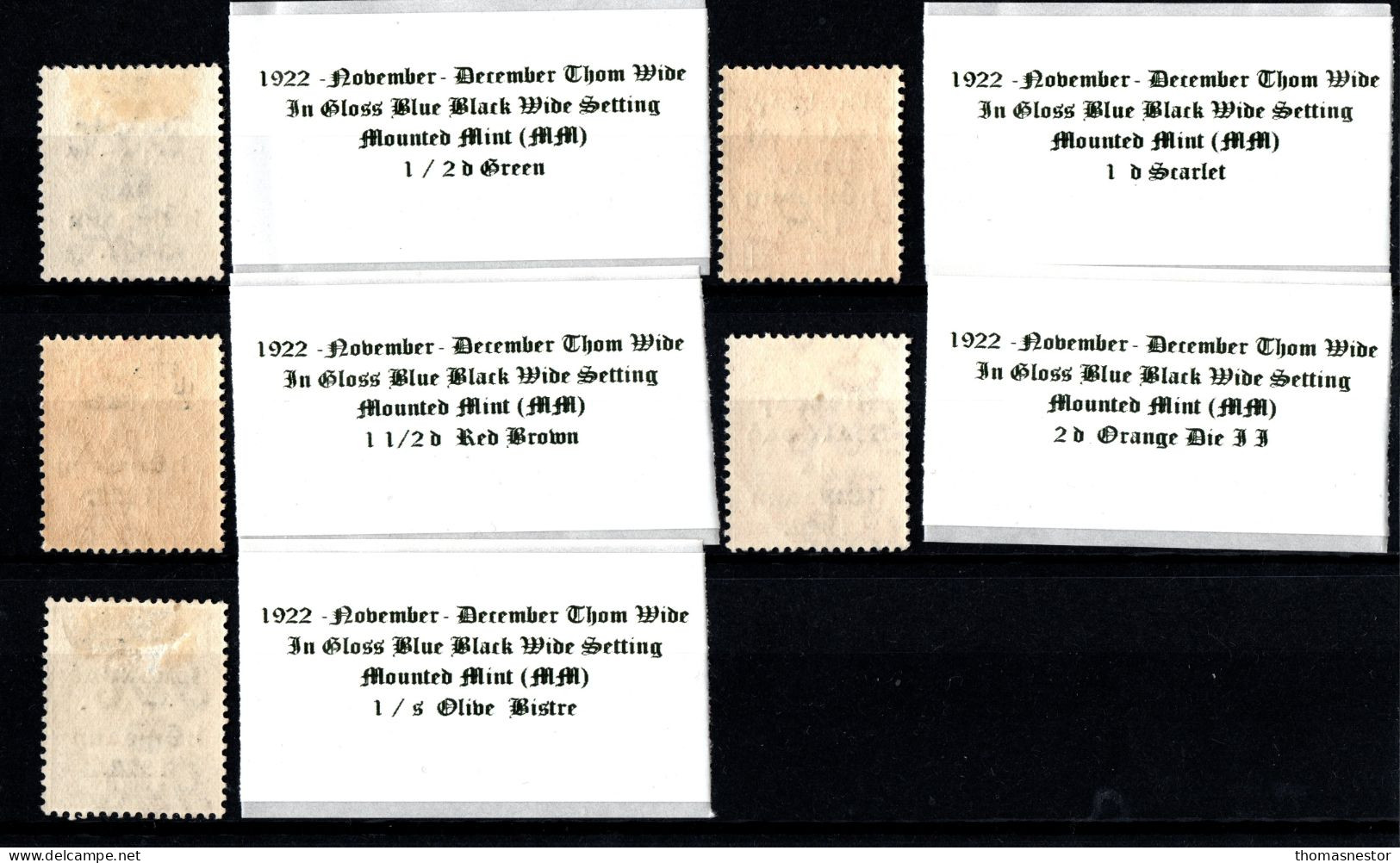 1922 Nov - Dec Thom Wide Shiny Blue Black Wide Setting SET OF 5, 1/2 D , 1 D , 1 1/2 D , 2 D & 1 / S. Mounted Mint (MM) - Neufs