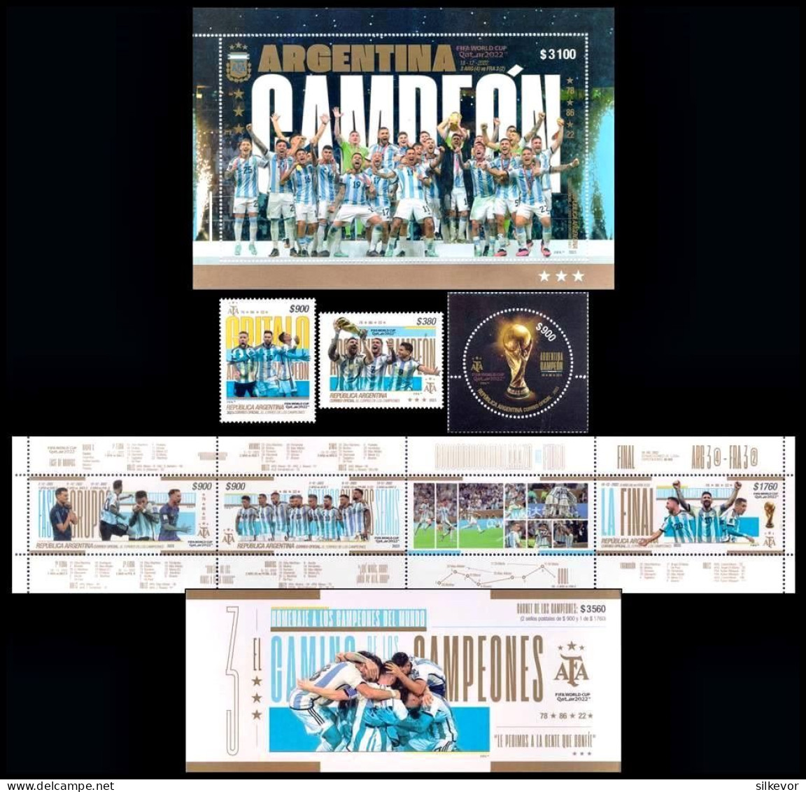 ARGENTINA/STAMPS, 2023 -SOCCER – WORLD CHAMPIONSHIP “QATAR 2022” – ARGENTINA WINNER – 3 VALUES + SOUVENIR SHEET + BOOKL - 2022 – Qatar