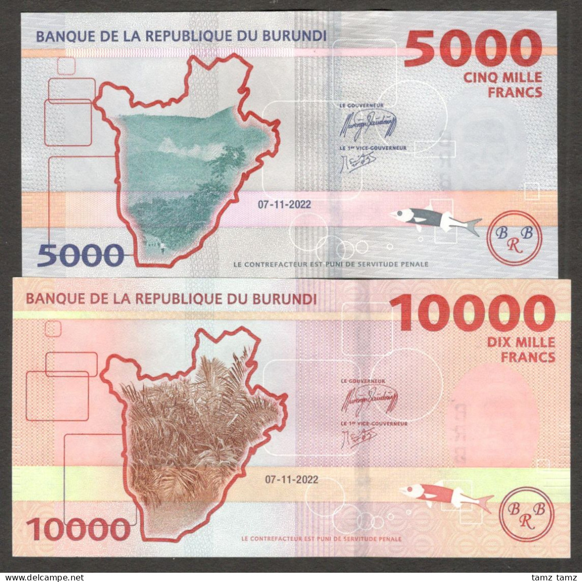 NEW Lot 2 Pcs Burundi 5000 10000 Francs 2022 UNC Improved Security Features - Burundi