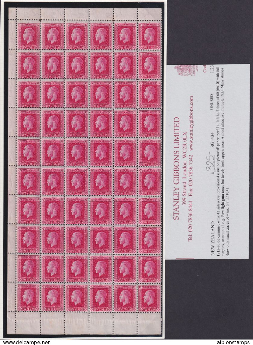 New Zealand, Scott 154 (SG 434), MNH Half Sheet Of 60 (see Note) - Unused Stamps