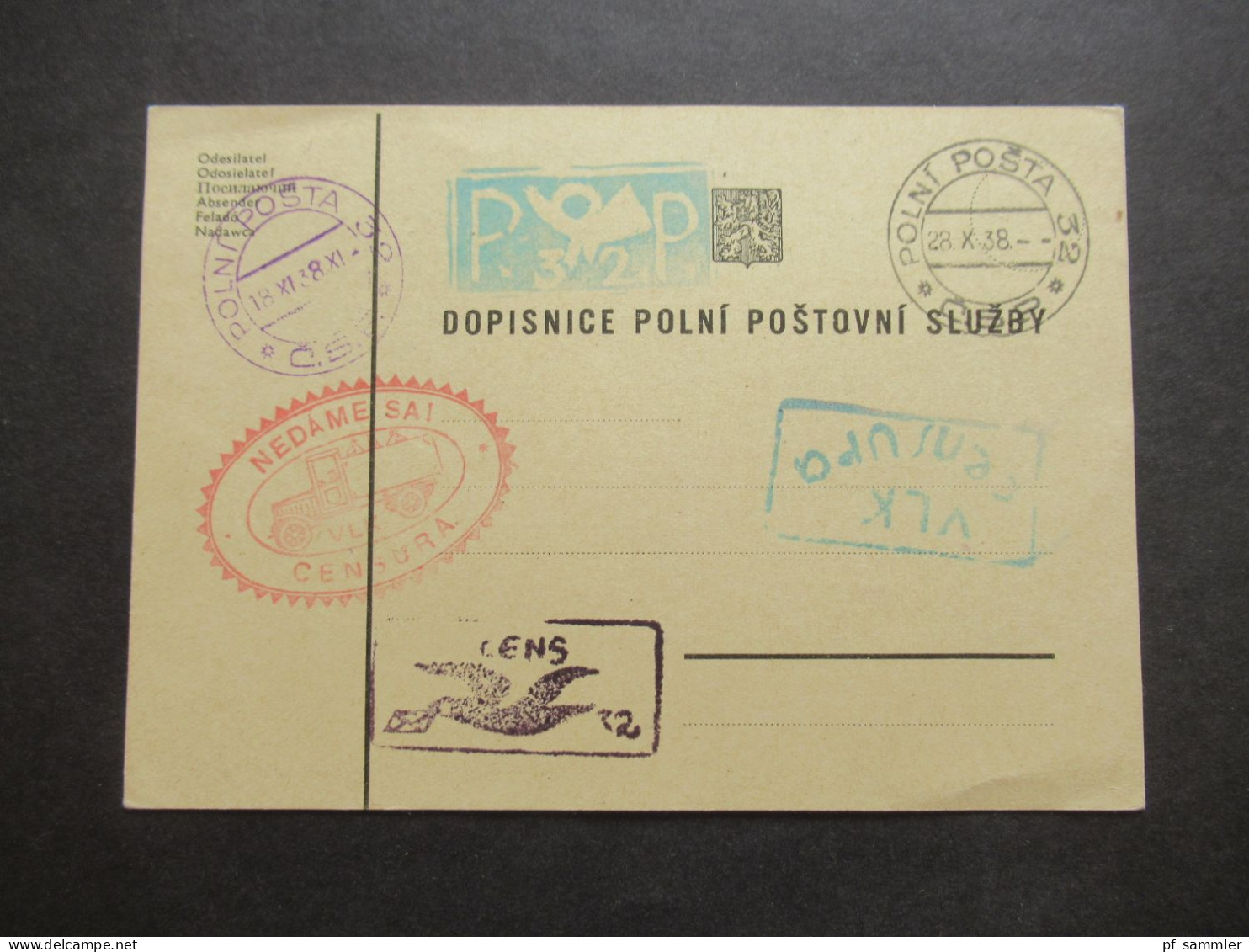 CSR 1938 Postkarte Roter Stempel NEDAME SA! Censura / Zensurpost / Polni Posta / PP 32 Und VLK Censura - Lettres & Documents