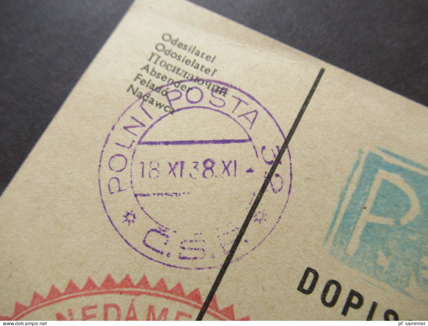 CSR 1938 Postkarte Roter Stempel NEDAME SA! Censura / Zensurpost / Polni Posta / PP 32 Und VLK Censura - Cartas & Documentos