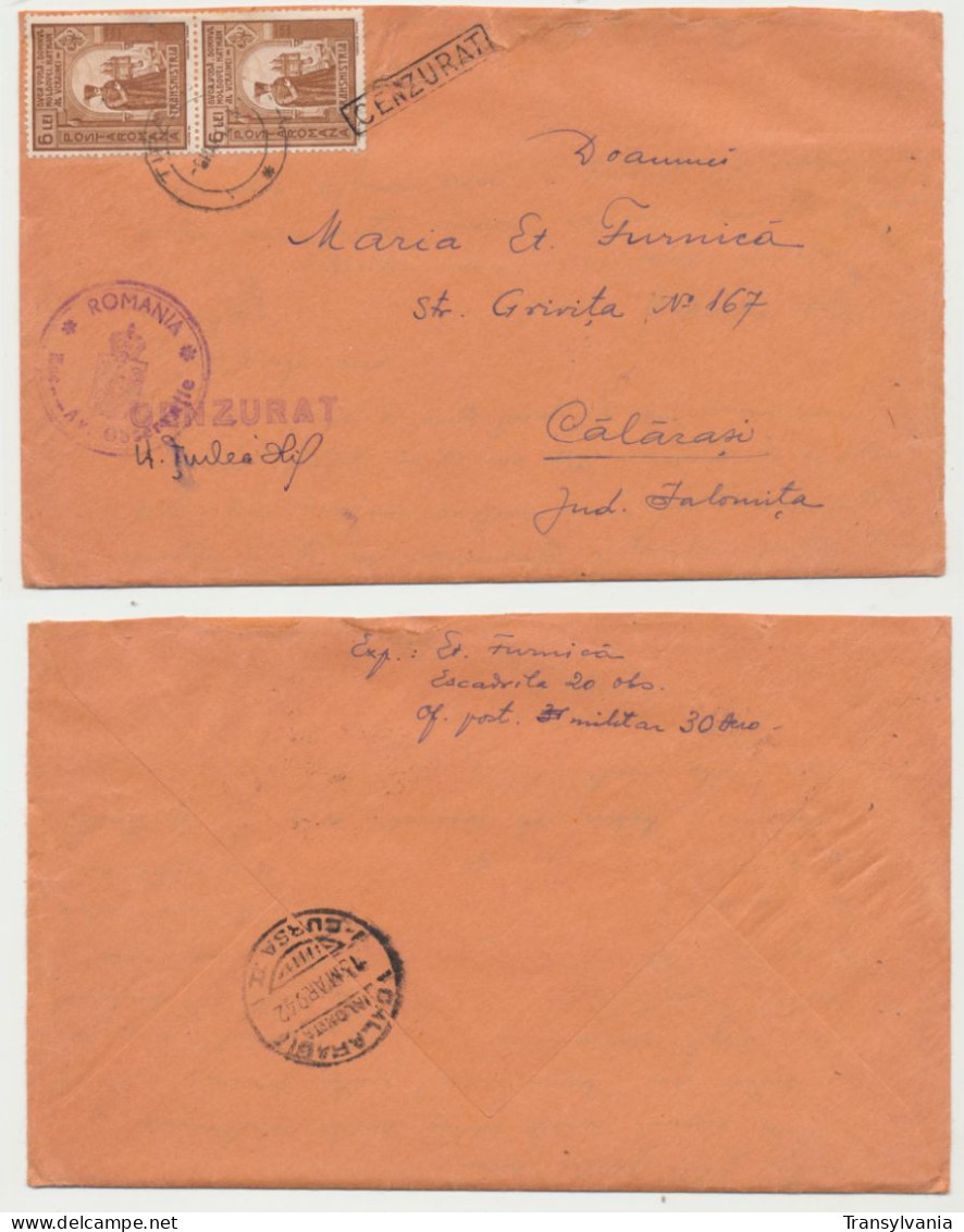 Romania  WWII March 1942 Aviation Unit & Civil Censored Cover With Transnistria 2 Occupation 6 Lei Stamps - 2. Weltkrieg (Briefe)