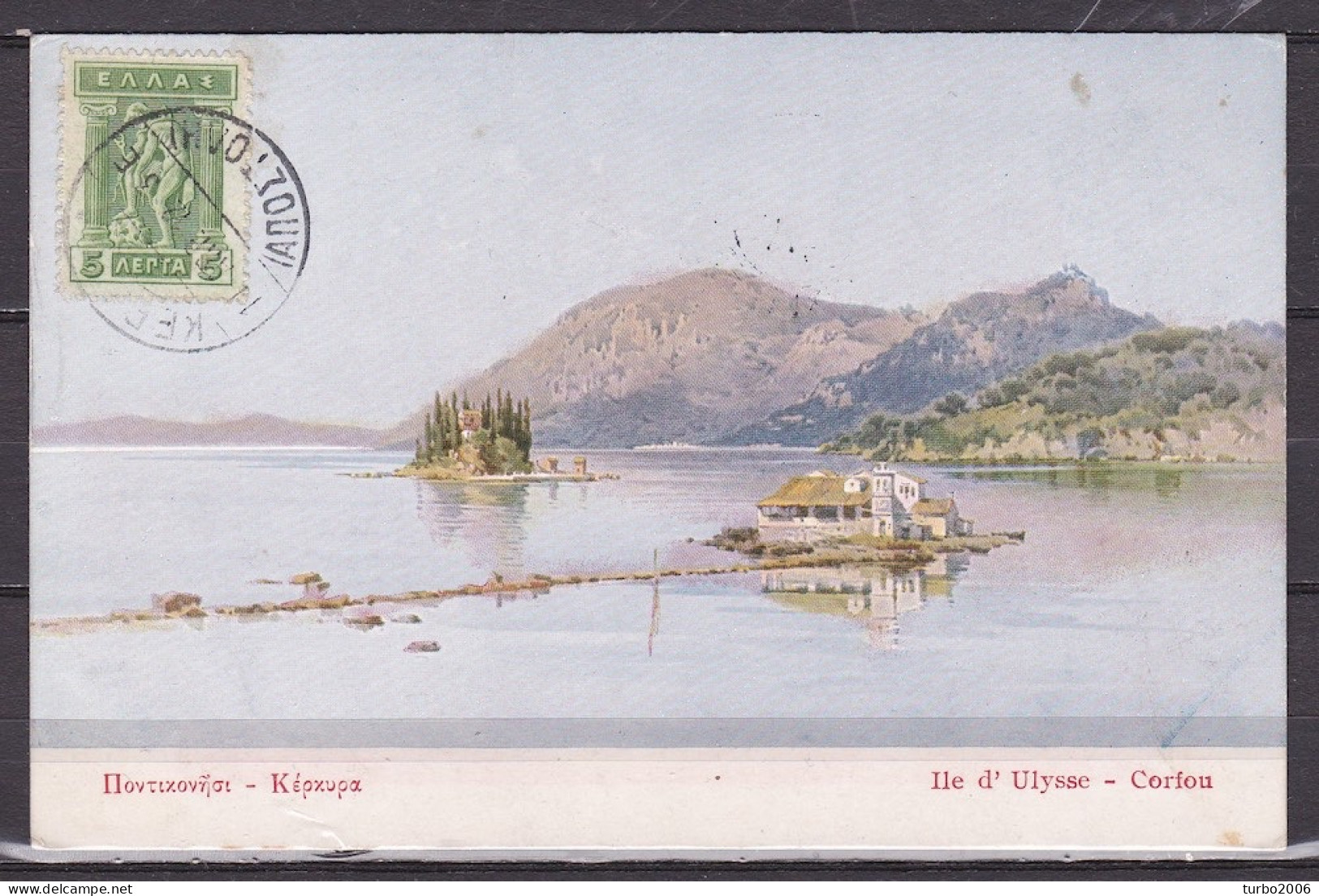 GREECE 1912 5 L Green Vl. 215 On Coloured Postcard Corfou Ulysse Island To Belgium - Storia Postale