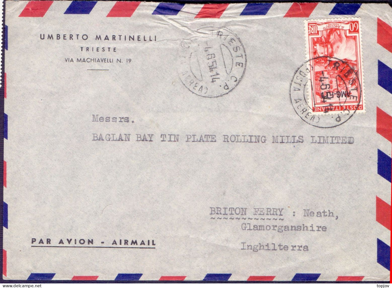 TRIESTE - ZONE  A - AIRMAIL To England - 4. 6. 1954. - Marcophilia