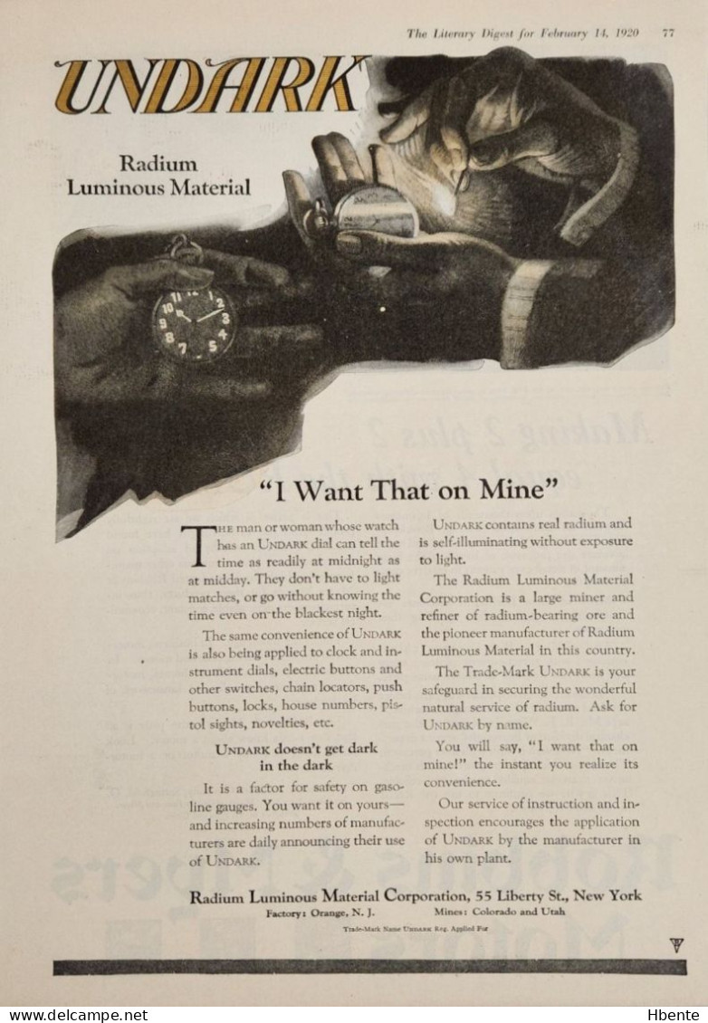 Undark Radium Luminous Material Dials Watches Clocks Shines In Dark - Advertising 1920 (Photo) - Objets