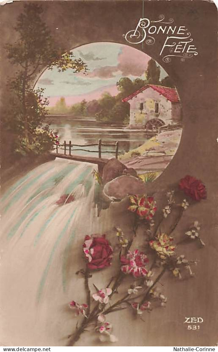 Bonne Fête Moulin à Eau Rivière Cascade Roses 1929 - Geburtstag