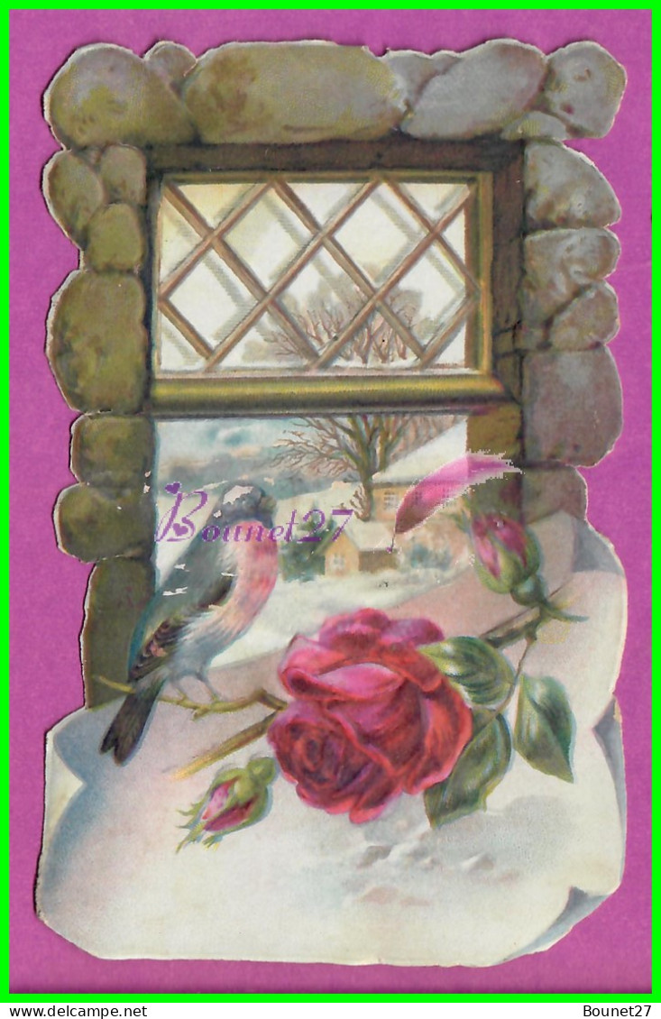 Image Chromo - DECOUPI Une Fenêtre Avec Un Oiseau Rouge Gorge Fleur Une Rose 12,40 X 7,80 Cm - Animali