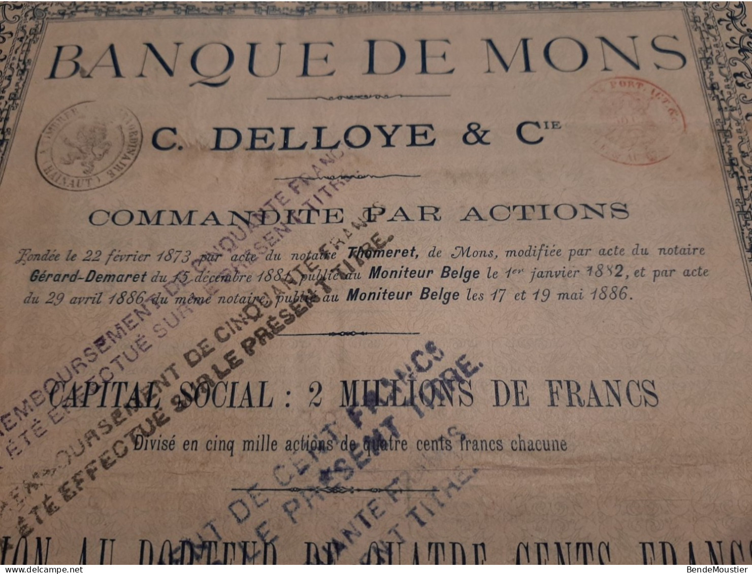 Banque De Mons - C.Delloye & Cie Commandité Par Actions - Action Au Porteur De 400 Frcs - Mons Mai 1886. - Bank & Versicherung