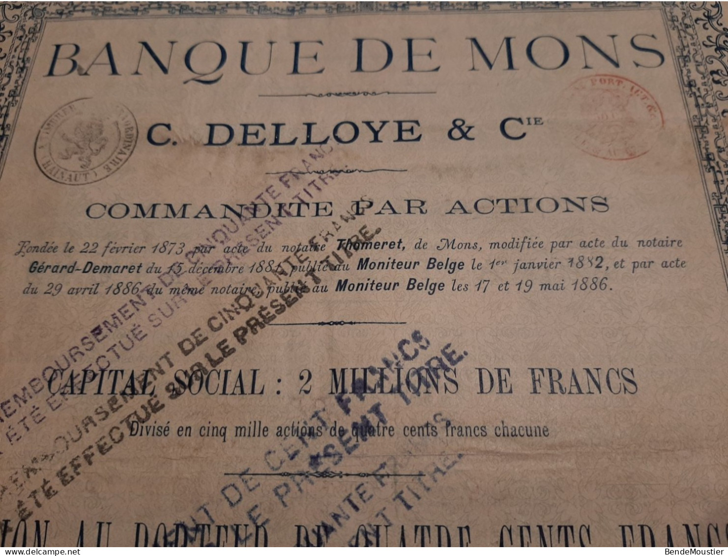 Banque De Mons - C.Delloye & Cie Commandité Par Actions - Action Au Porteur De 400 Frcs - Mons Mai 1886. - Banque & Assurance