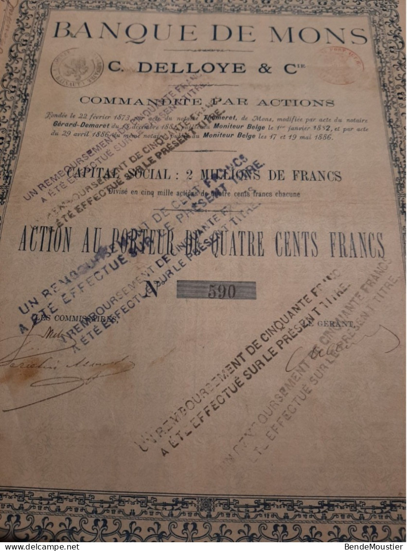 Banque De Mons - C.Delloye & Cie Commandité Par Actions - Action Au Porteur De 400 Frcs - Mons Mai 1886. - Banco & Caja De Ahorros