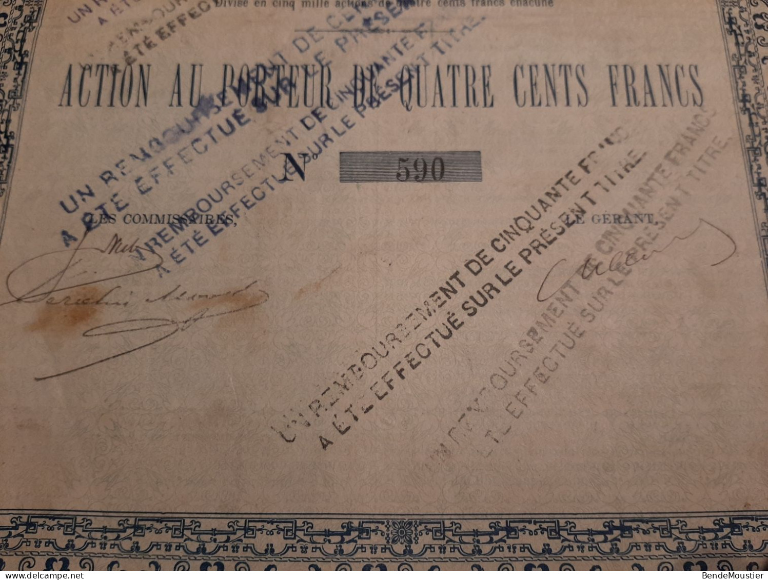 Banque De Mons - C.Delloye & Cie Commandité Par Actions - Action Au Porteur De 400 Frcs - Mons Mai 1886. - Bank En Verzekering