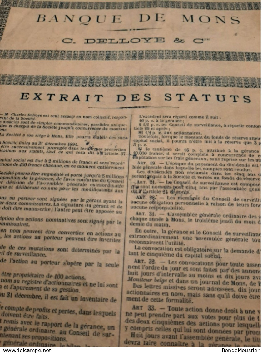 Banque De Mons - C.Delloye & Cie Commandité Par Actions - Action Au Porteur De 400 Frcs - Mons Mai 1886. - Banco & Caja De Ahorros