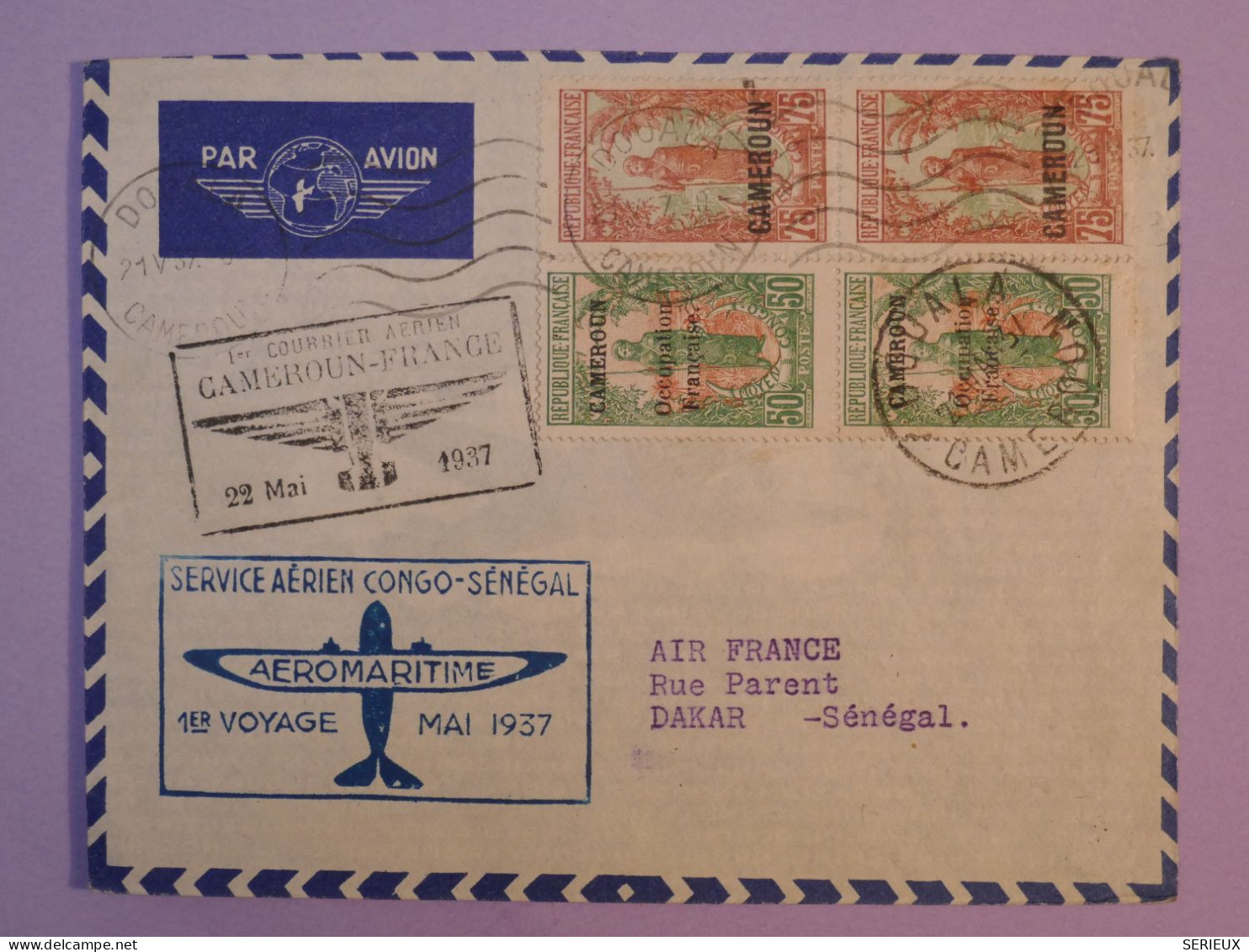 DD10 CAMEROUN   BELLE  LETTRE  RR 1937 PAR AVION 1ER VOL  FRANCE + DOUALA DAKAR   ++PAIRE DE TP SURCHARGES++ - Aéreo