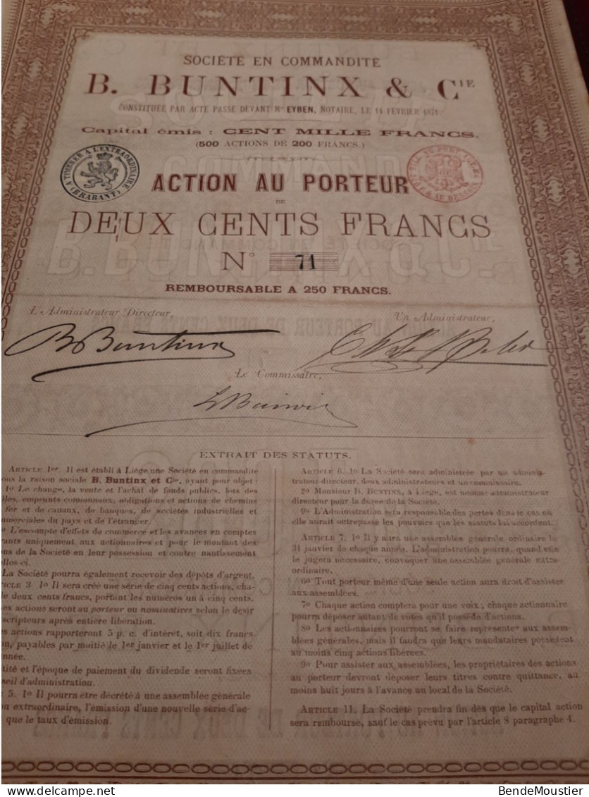 Société En Commandite B.Buntinx & Cie  - Action Au Porteur De 200 Frcs - Liège Le 14 Février 1871. - Banque & Assurance