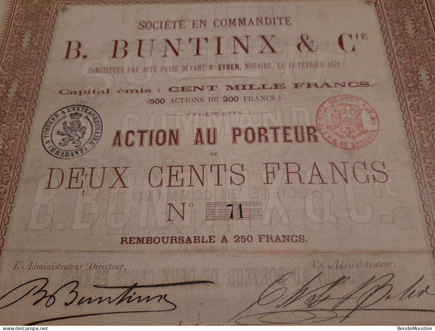 Société En Commandite B.Buntinx & Cie  - Action Au Porteur De 200 Frcs - Liège Le 14 Février 1871. - Banque & Assurance