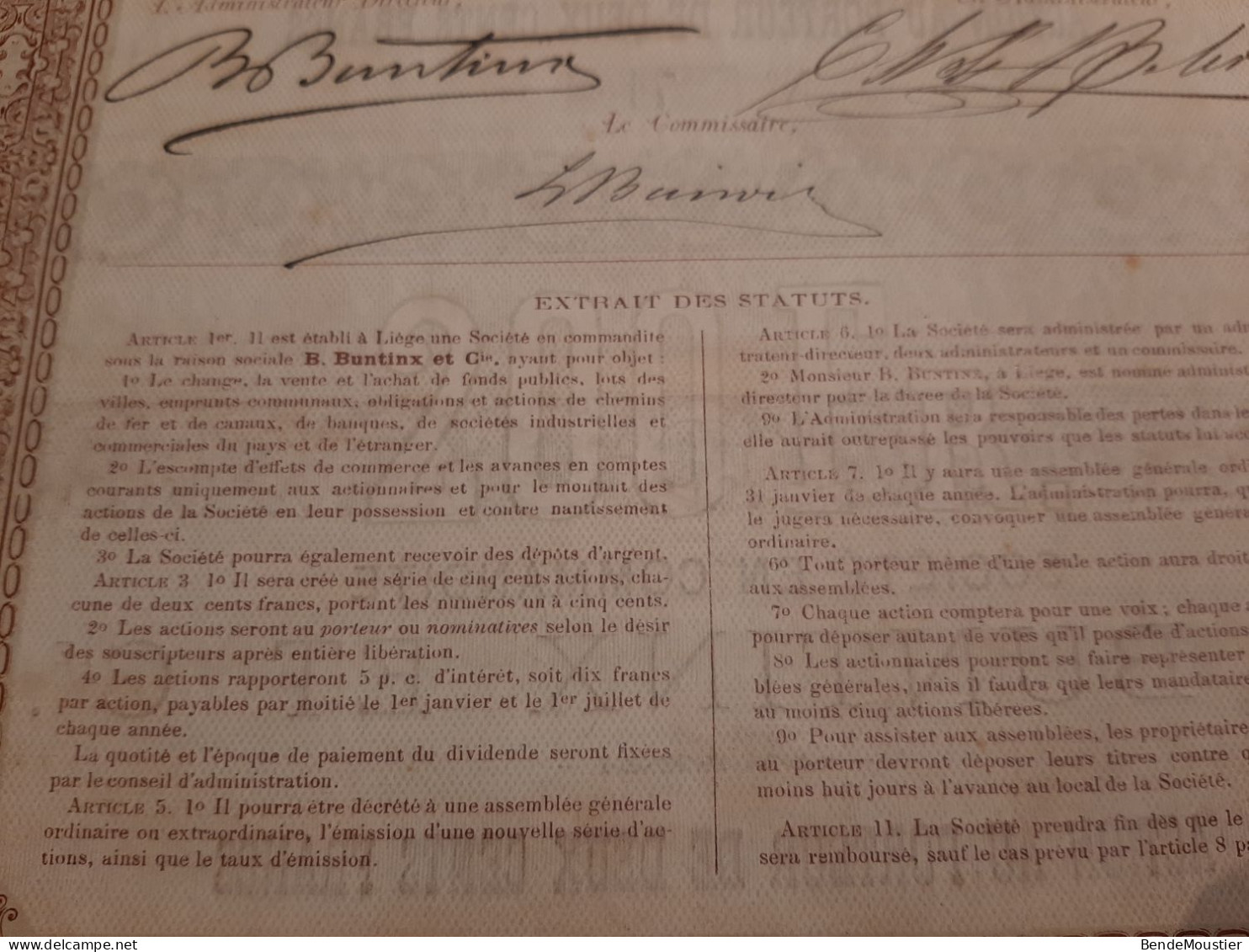 Société En Commandite B.Buntinx & Cie  - Action Au Porteur De 200 Frcs - Liège Le 14 Février 1871. - Bank & Insurance