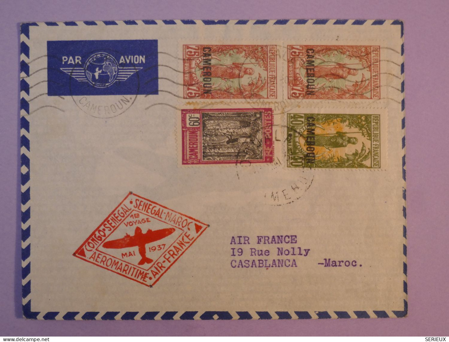 DD10 CAMEROUN   BELLE  LETTRE  RR 1937 PAR AVION 1ER VOL  SENEGAL MAROC  ++PAIRE DE TP SURCHARGES++ - Aéreo