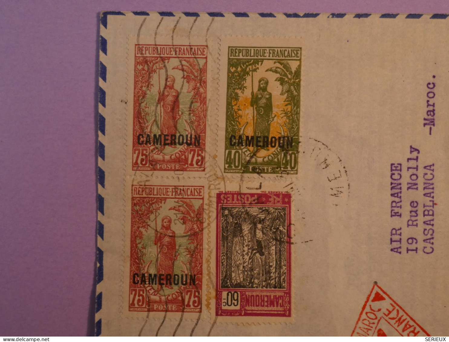 DD10 CAMEROUN   BELLE  LETTRE  RR 1937 PAR AVION 1ER VOL  SENEGAL MAROC  ++PAIRE DE TP SURCHARGES++ - Aéreo