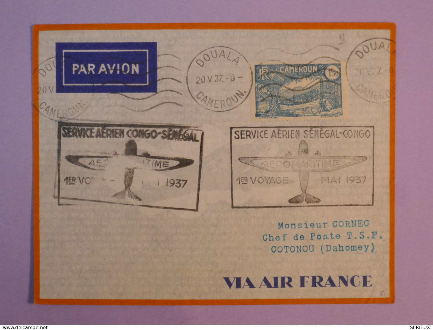 DD10 CAMEROUN   BELLE  LETTRE  RR 1937 1ER SERVICE AERIEN SENEGAL  CONGO +A COTONOU + - Poste Aérienne