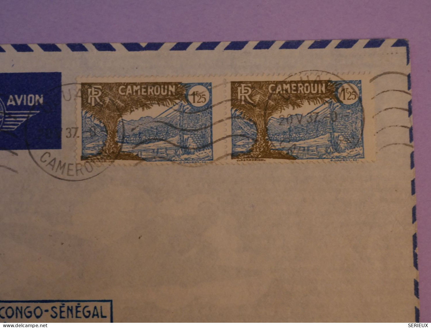 DD10 CAMEROUN   BELLE  LETTRE  RR 1937 1ER SERVICE AERIEN SENEGAL  +A DAKAR +PAIRE DE 1F25 + - Airmail