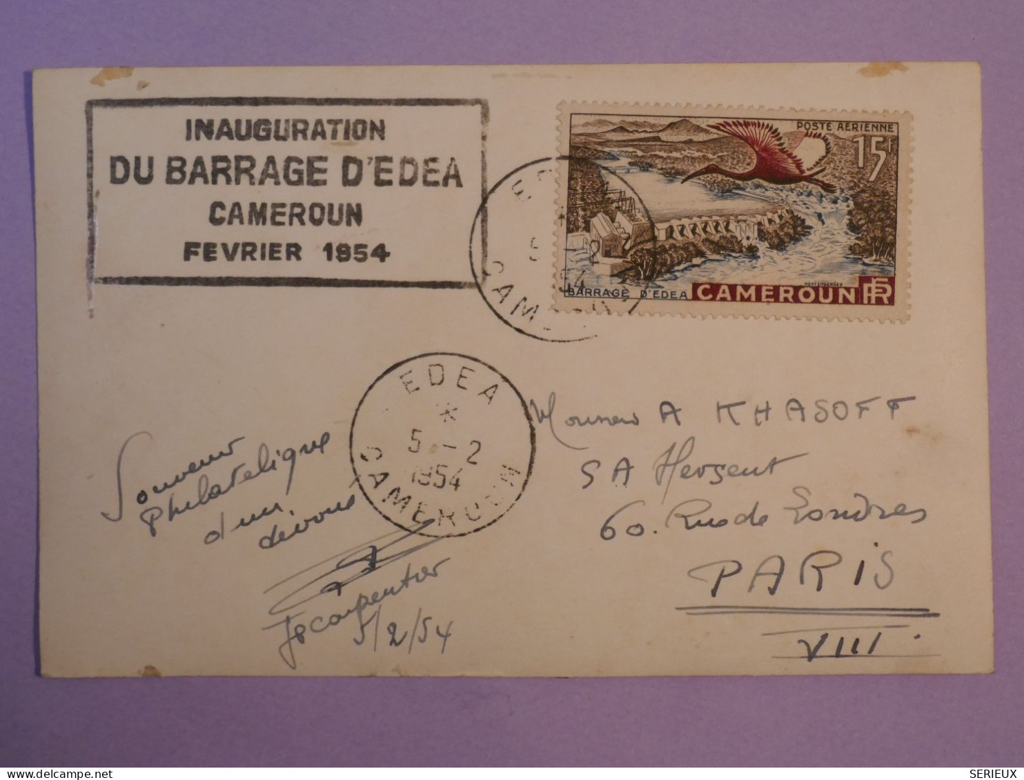 DD10 CAMEROUN   BELLE  CARTE   1954  PETIT BUREAU EDEA  A PARIS FRANCE +INAUG. DU BARRAGE  +AFF. INTERESSANT+  + - Covers & Documents