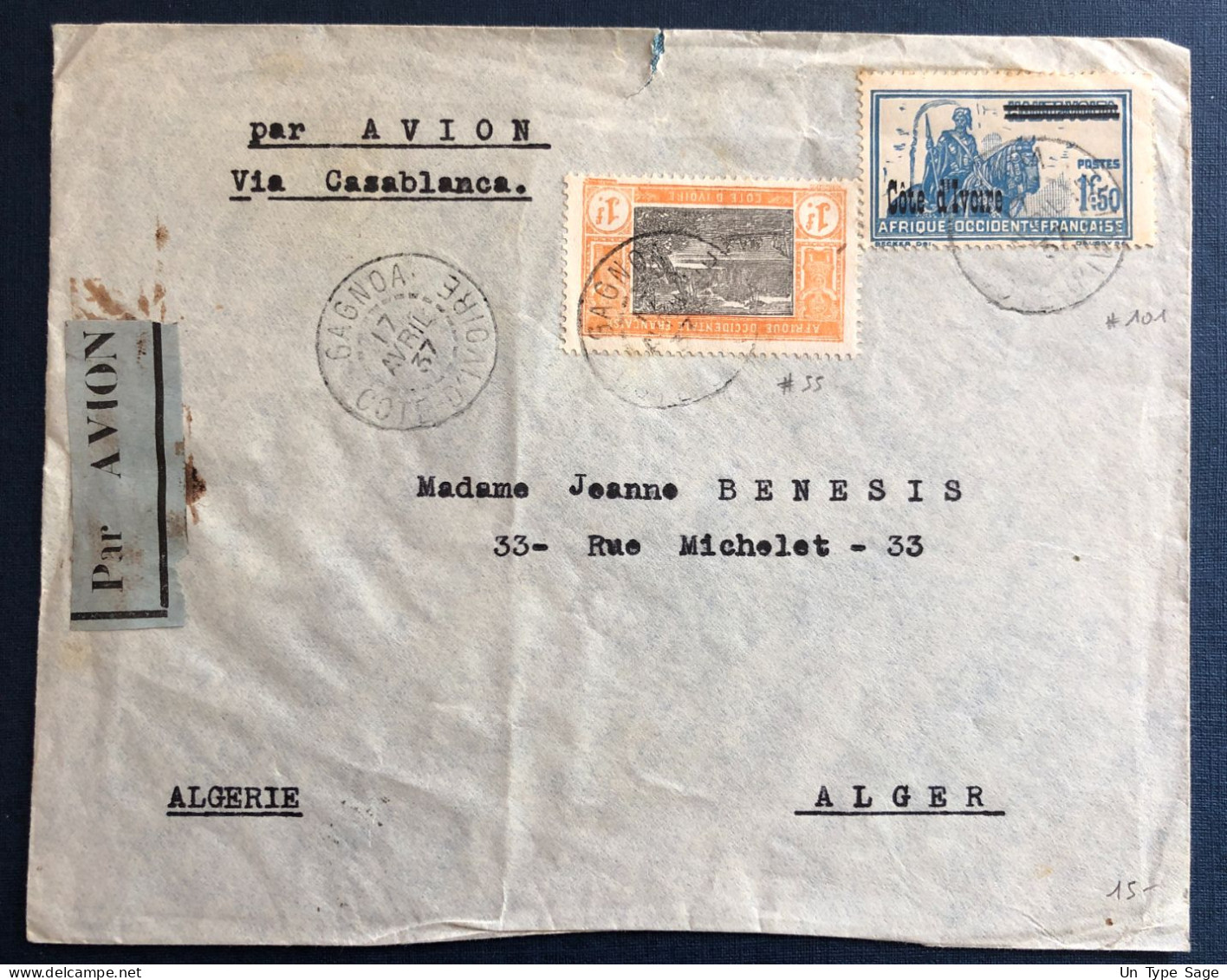 Côte-d'Ivoire, N°55 Et 101 Sur Enveloppe TAD GAGNOA 17.4.1937 - (B3265) - Covers & Documents