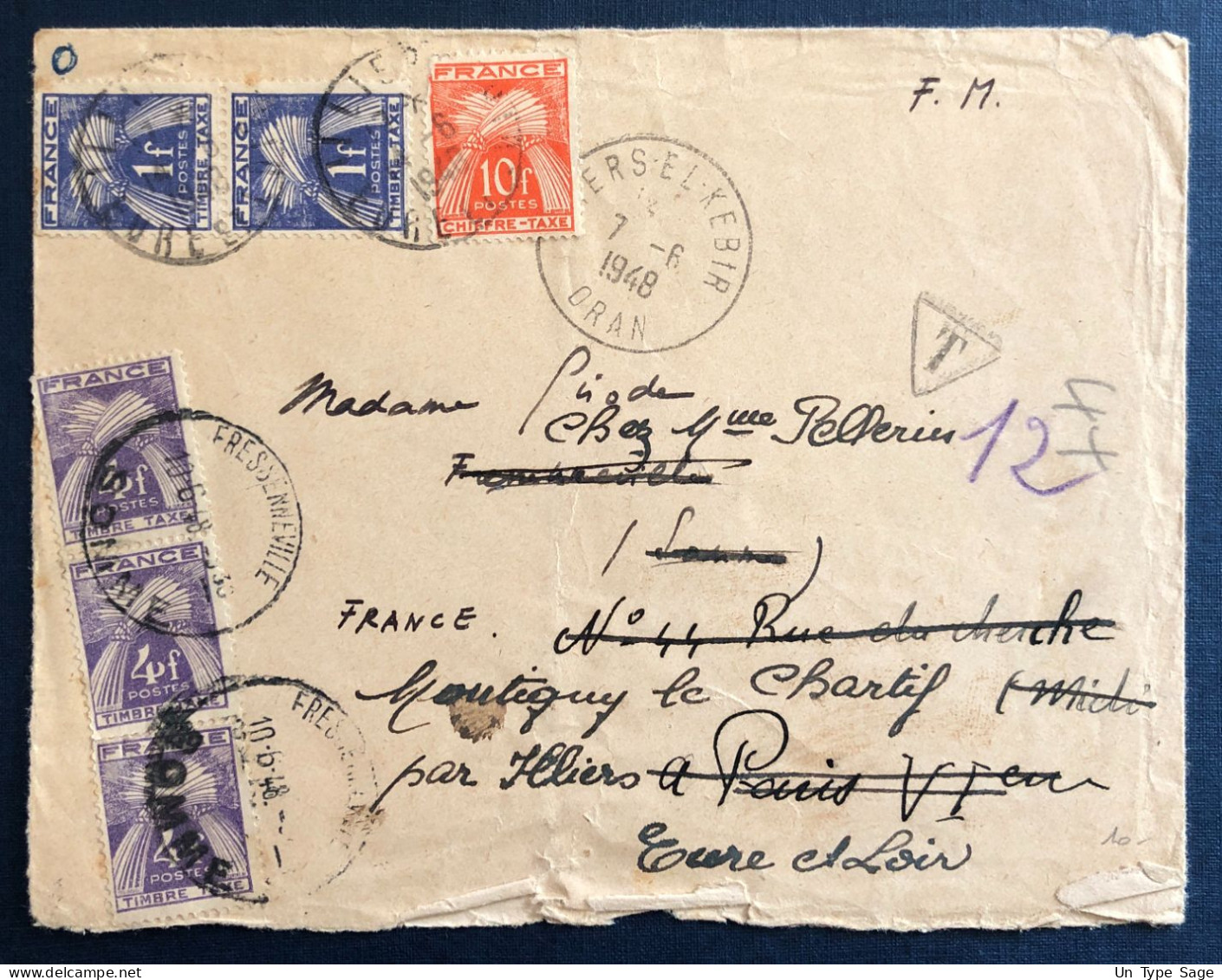 France, Divers TAXE Sur Enveloppe De Mers El Kébir, Oran 7.6.1948 - (B3272) - 1859-1959 Lettres & Documents