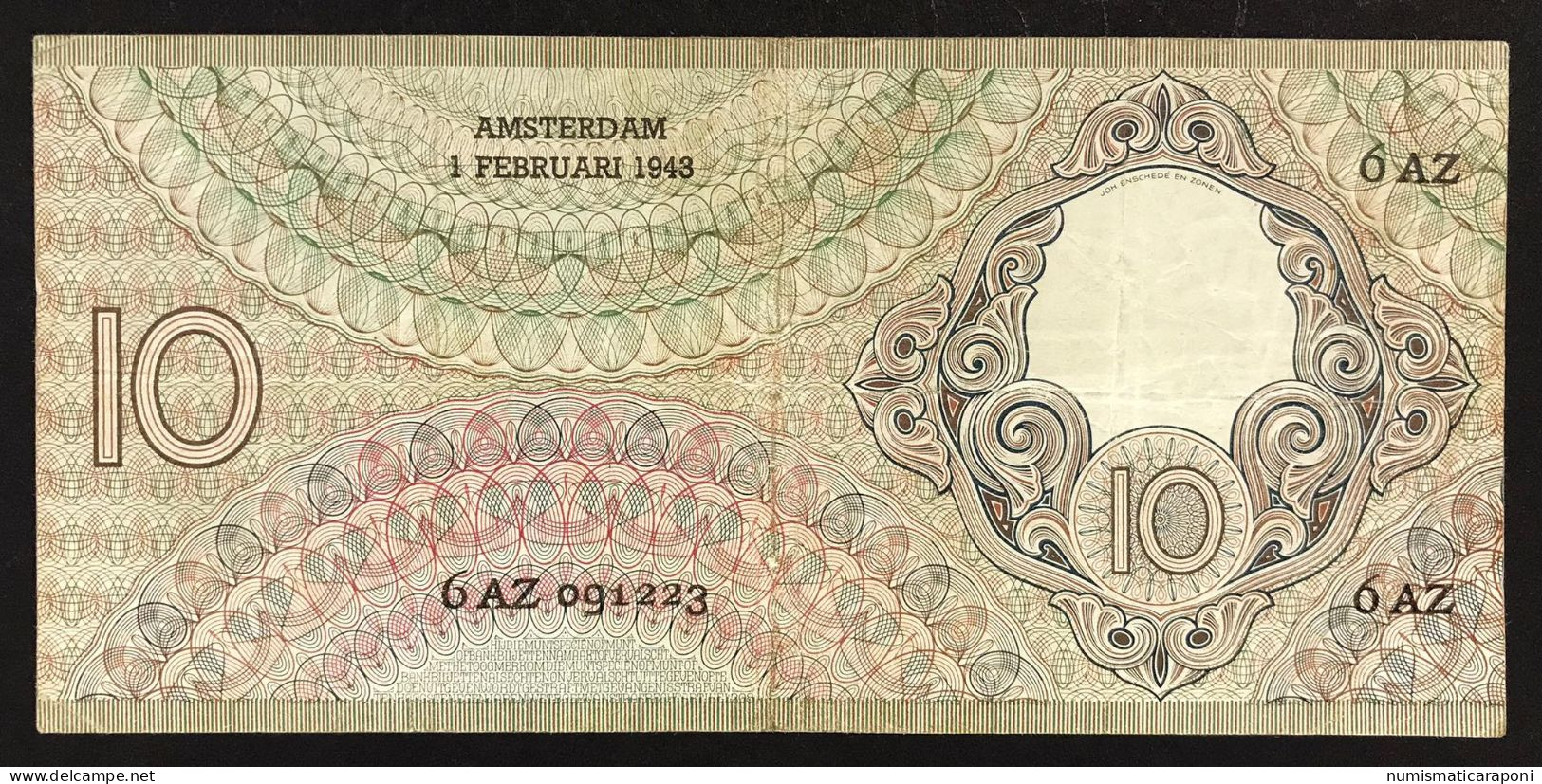 NETHERLANDS OLANDA 1943 L 10 Gulden Pick#59 Lotto 4809 - 100  Florín Holandés (gulden)