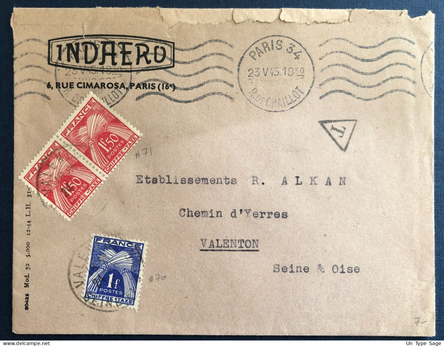 France, Divers TAXE Sur Enveloppe De Paris 23.5.1945 - (B3277) - 1859-1959 Covers & Documents