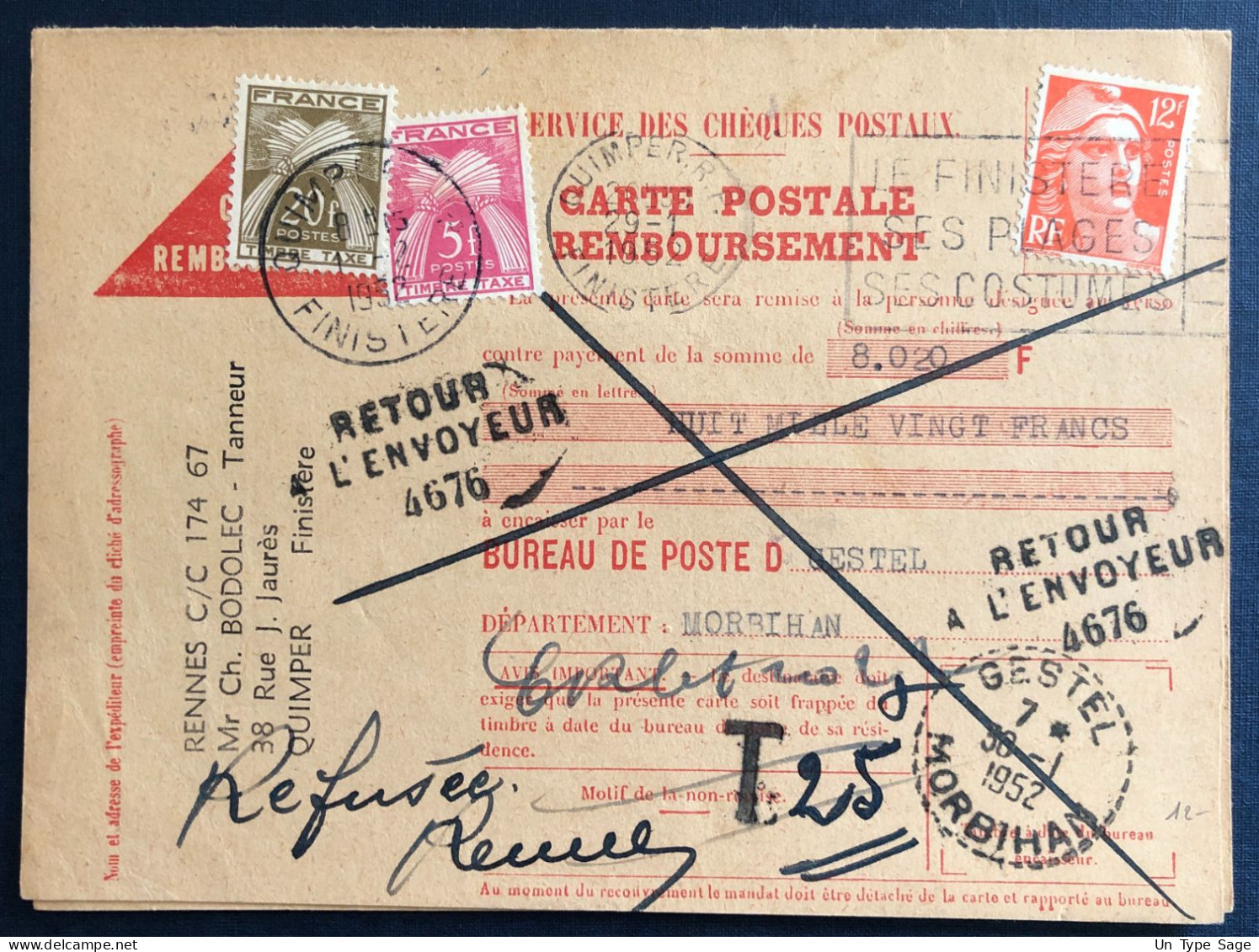 France, Divers TAXE Sur CP Remboursement De Gestel 30.1.1952 - (B3287) - 1859-1959 Covers & Documents