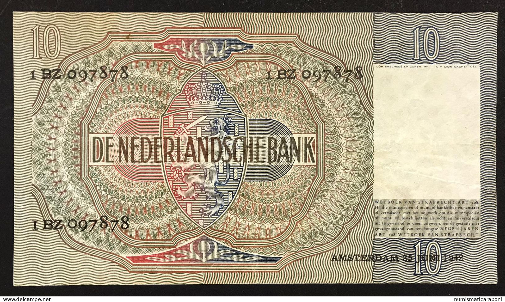 NETHERLANDS OLANDA 1942 10 Gulden Pick#56b  Lotto 4786 - 100  Florín Holandés (gulden)