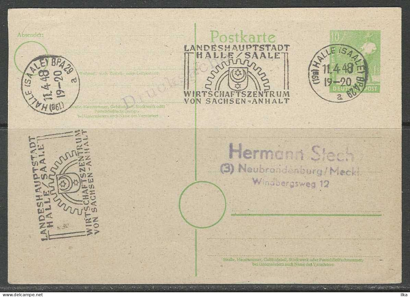 CP - Entier Postal - Landeshauptstadt - Obli. 14/04/1948 - Halle (19b) Saale >> Neubrandenburg/Meckl. - Postkarten - Gebraucht