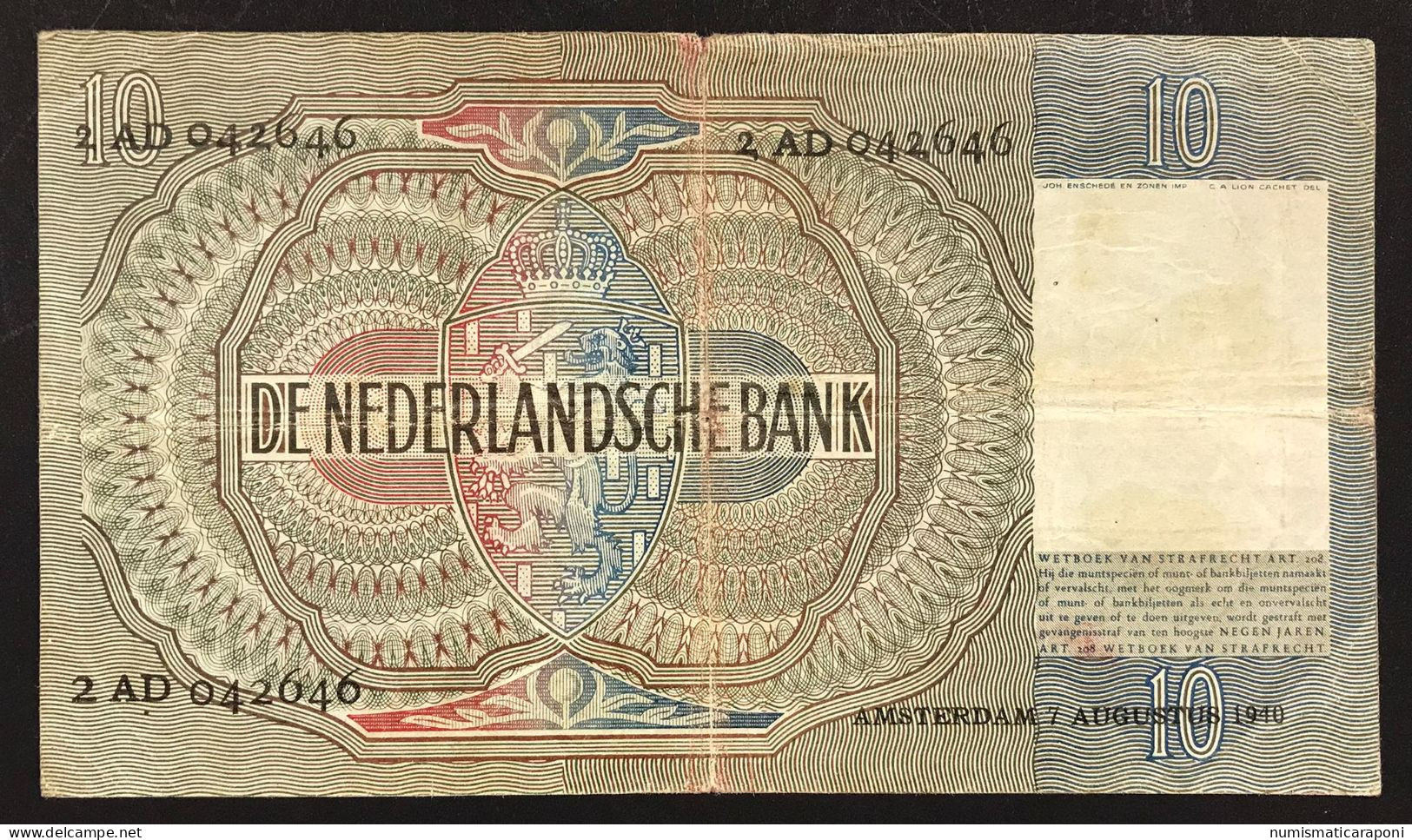 NETHERLANDS OLANDA 1940 10 Gulden Pick#56a  Lotto 4817 - 100  Florín Holandés (gulden)
