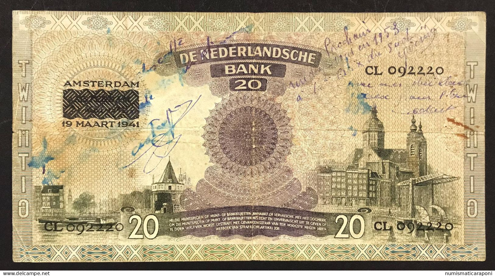 NETHERLANDS OLANDA 1941 20 Gulden Pick#55 Overprint Lotto 4820 - 100  Florín Holandés (gulden)