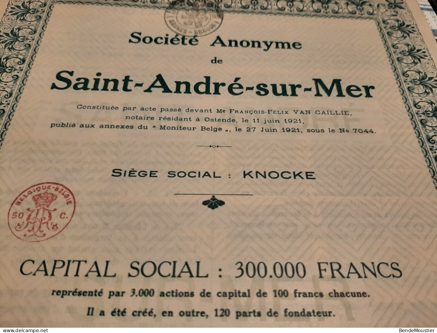 S.A. De Saint-André-sur-Mer - Action De Capital Entièrement Libérée - Knocke Juin  1921. - Bank & Versicherung