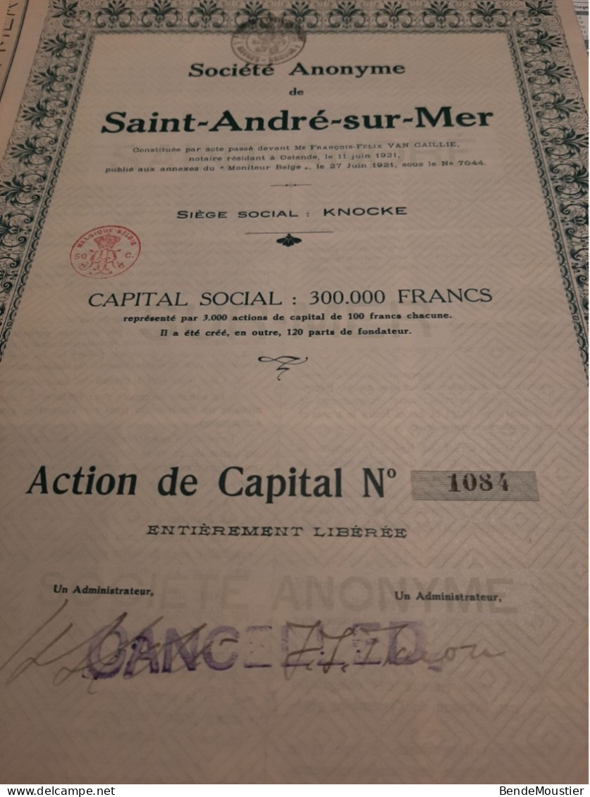 S.A. De Saint-André-sur-Mer - Action De Capital Entièrement Libérée - Knocke Juin  1921. - Banque & Assurance