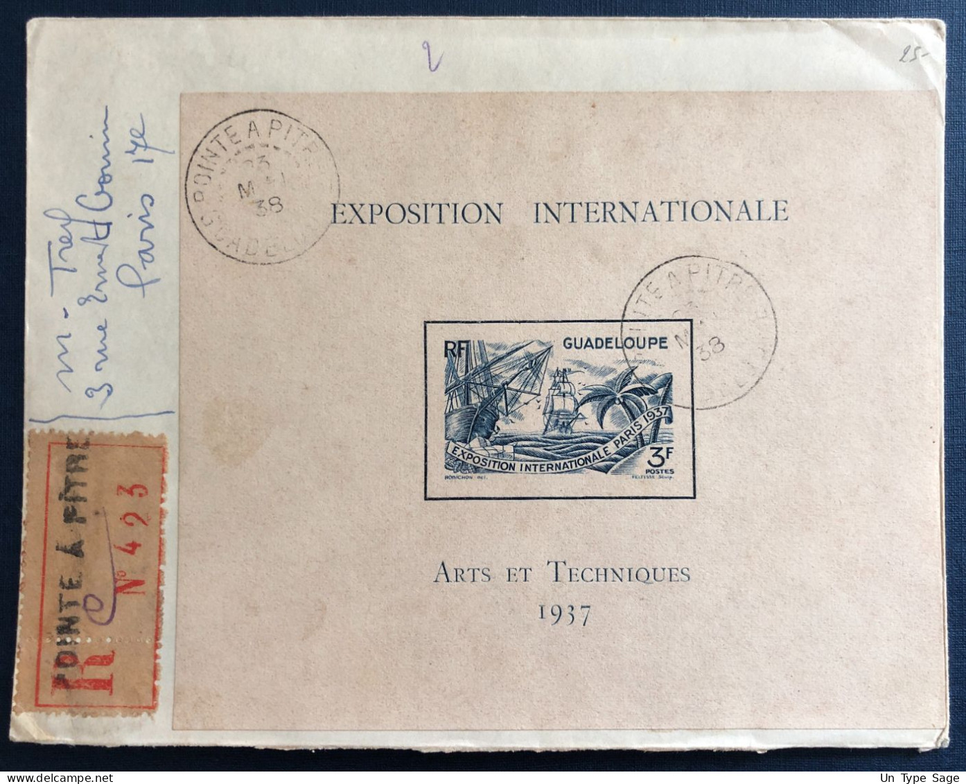 Guadeloupe, Bloc Exposition Internationale 1937 Sur Enveloppe De Pointe à Pitre 23.5.1938 - (B3311) - Lettres & Documents