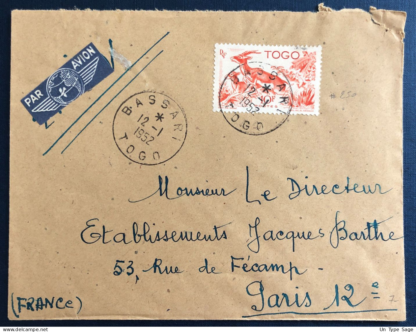 Togo, N°250 Sur Enveloppe TAD BASSARI 12.1.1952 - (B3327) - Cartas & Documentos