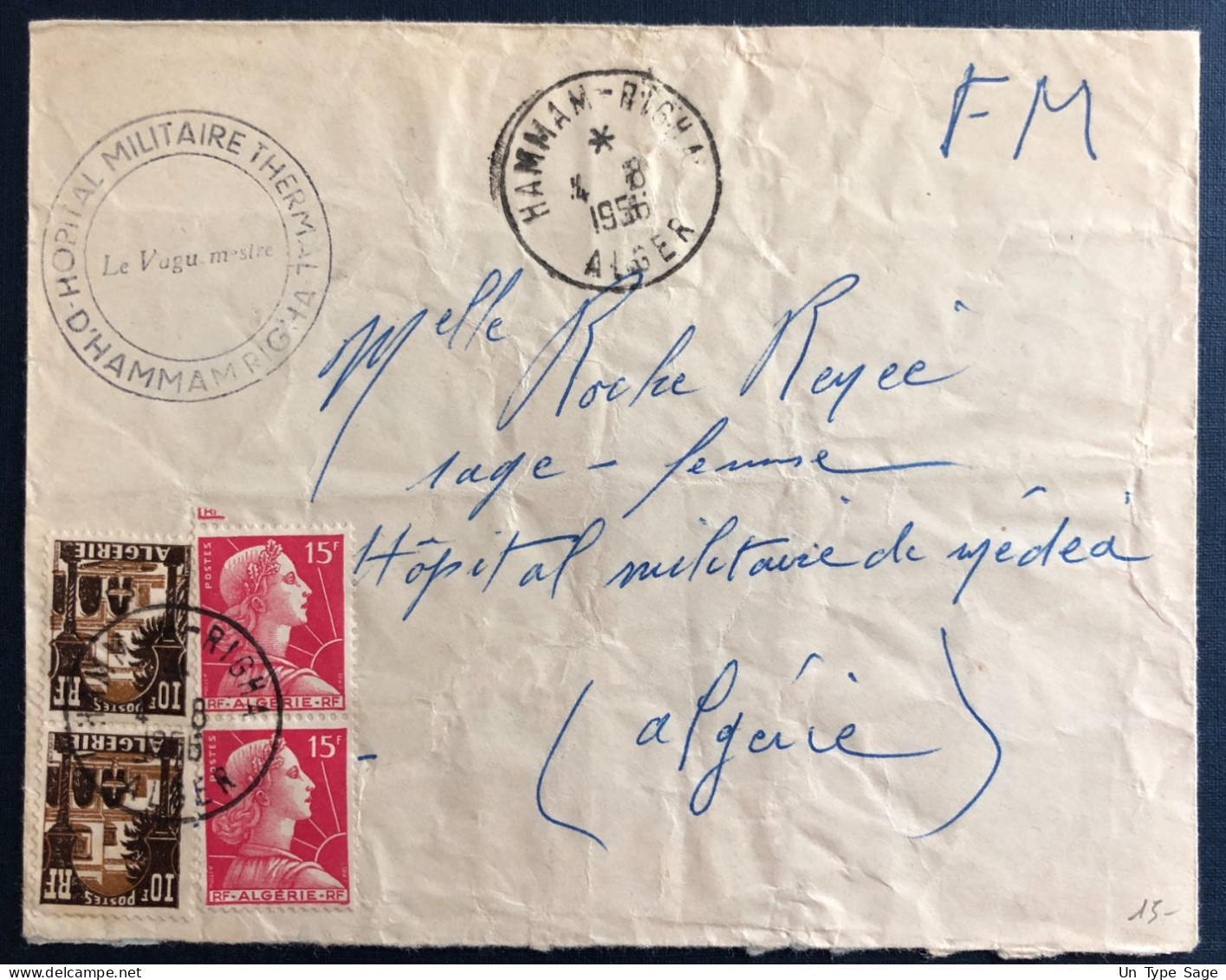 Algérie, Divers Sur Enveloppe TAD HAMMAM-RIGHA 4.8.1956 + Cachet Hôpital Militaire - (B3333) - Covers & Documents