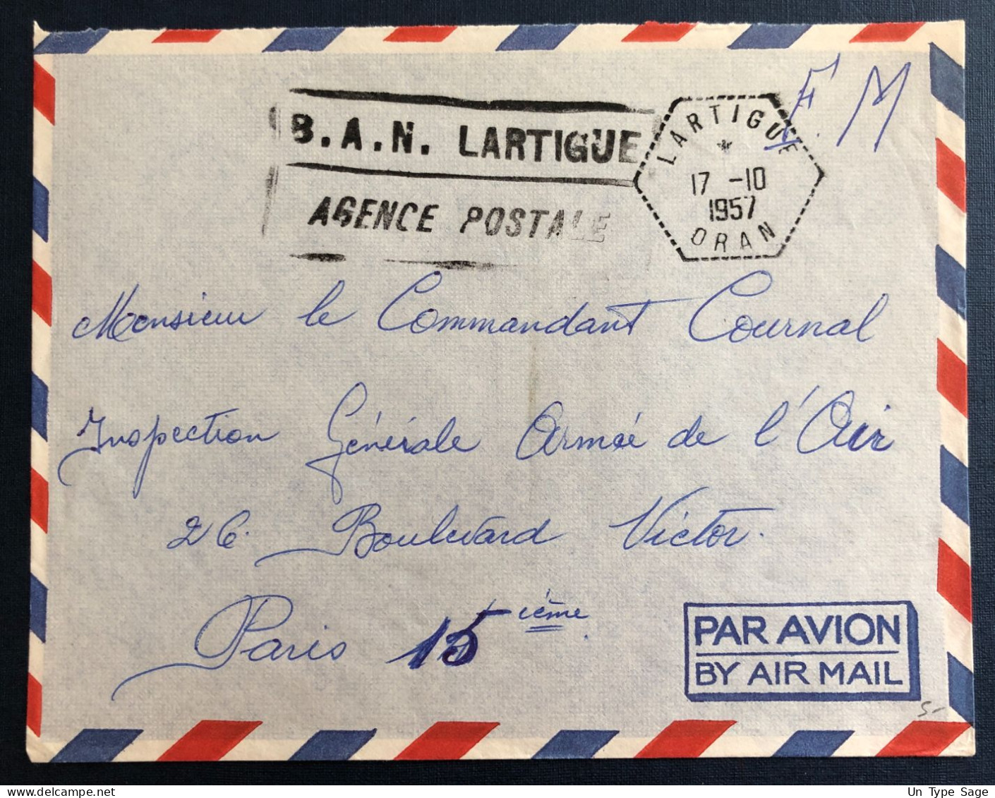 Algérie, Sur Enveloppe TAD Lartigue, Oran 17.10.1957 + Griffe B.A.N. LARTIGUE / AGENCE POSTALE - (B3349) - Storia Postale