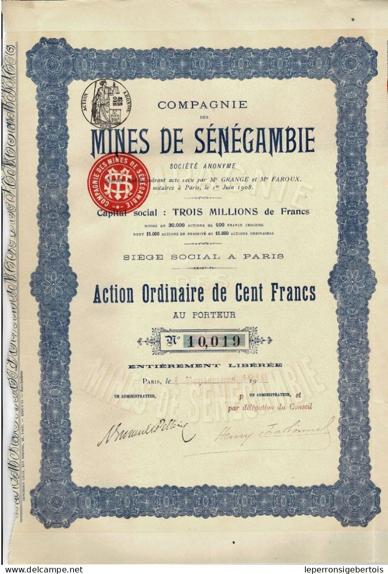 Titre De 1910 - Compagnie Des Mines De Sénégambie - - Mines