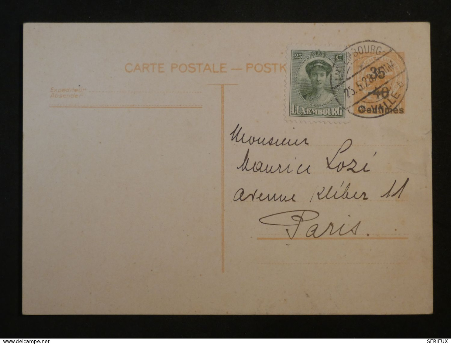 DD11 LUXEMBOURG    BELLE  CARTE  ENTIER  1928    A  PARIS   FRANCE +AFF.INTERESSANT+  + - Postwaardestukken