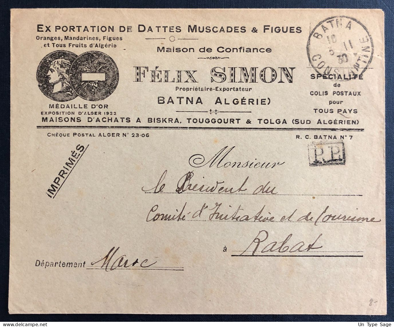 Algérie, Enveloppe Commerciale TAD BATNA, Constantine 3.11.1930 . P.P. Pour Rabat, Maroc - (B3365) - Briefe U. Dokumente