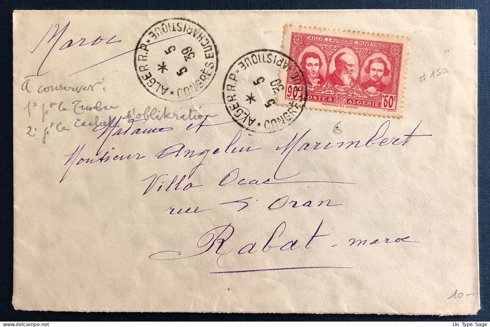 Algérie, N°150 Sur Enveloppe TAD ALGER R.P. CONGRES EUCARISTIQUE 5.5.1935 Pour Rabat, Maroc - (B3367) - Brieven En Documenten