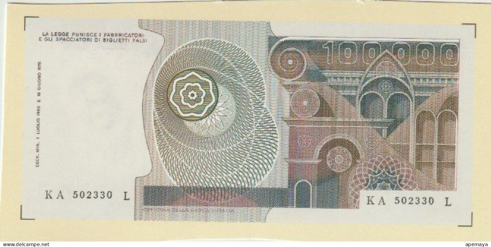 RIPRODUZIONE 100,000 LIRE SANDRO BOTTICELLI. RIPRODUZIONE - [ 8] Specimen