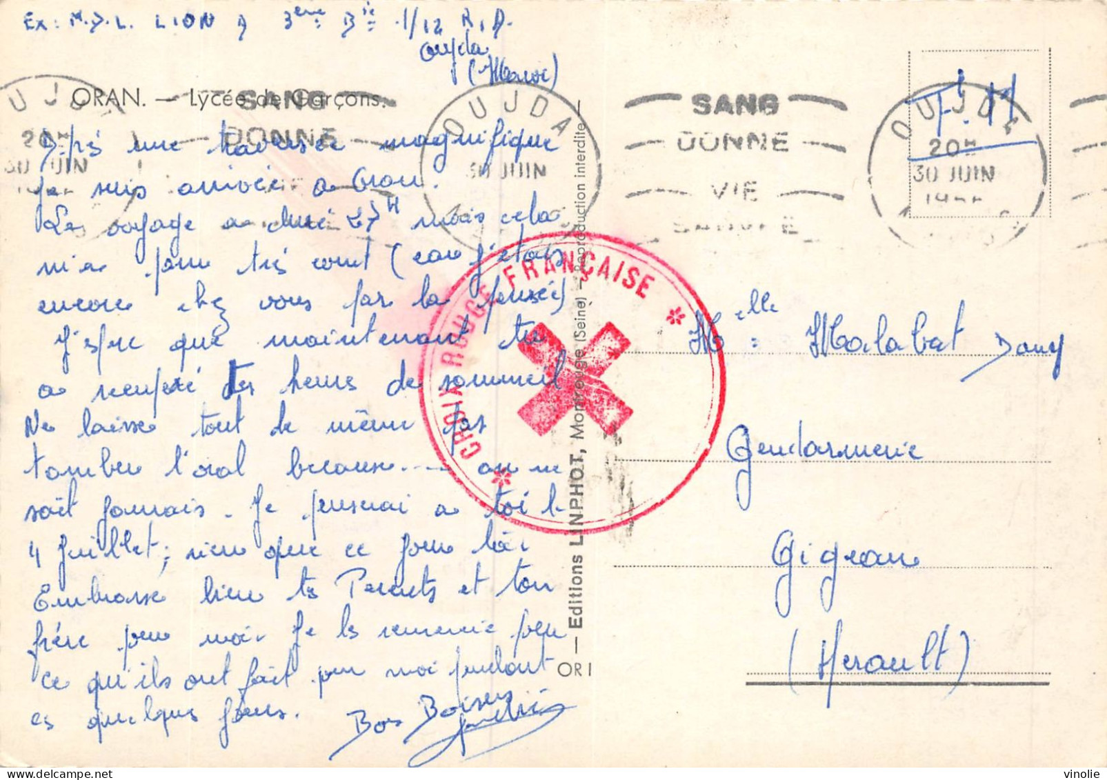 23-PIE-TPL-5021 : CACHET CROIX-ROUGE  FRANCAISE SUR CARTE D'ORAN ALGERIE POSTE DE OUJDA - Rotes Kreuz