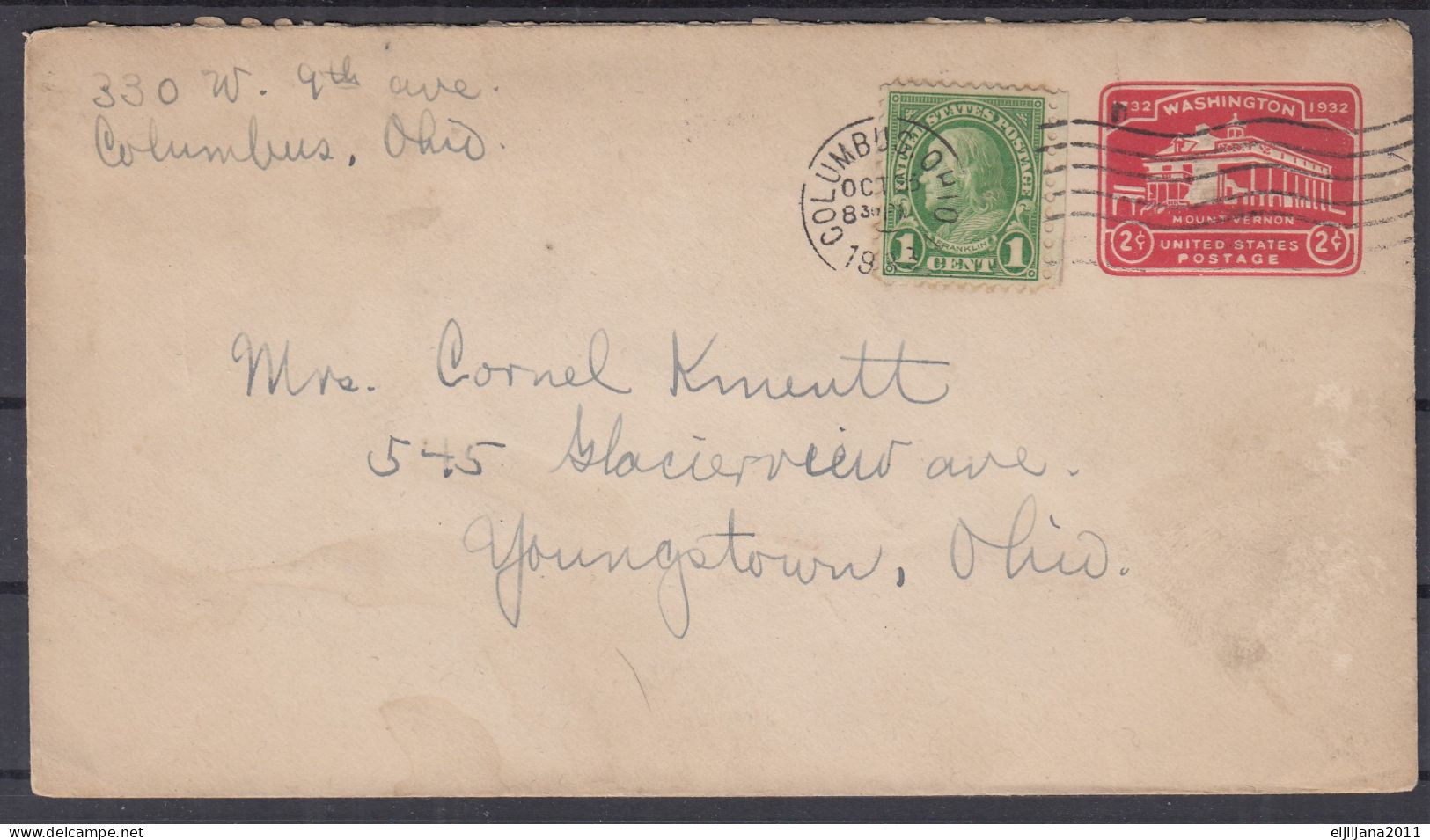 Action !! SALE !! 50 % OFF !! ⁕ USA 1932 COLUMBUS ⁕ Old Stationery Cover Washington 2c. + 1c. Franklin To OHIO - 1921-40